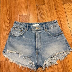 SOLD - Zara Light Blue Frayed Jean Shorts